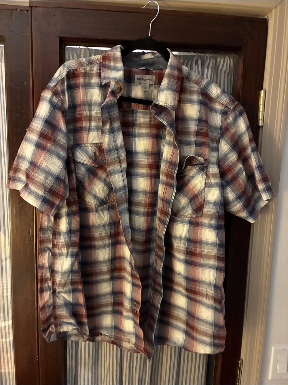 Carhartt Short-Sleeve Plaid Button-Down Shirt in Blue, Brown & White